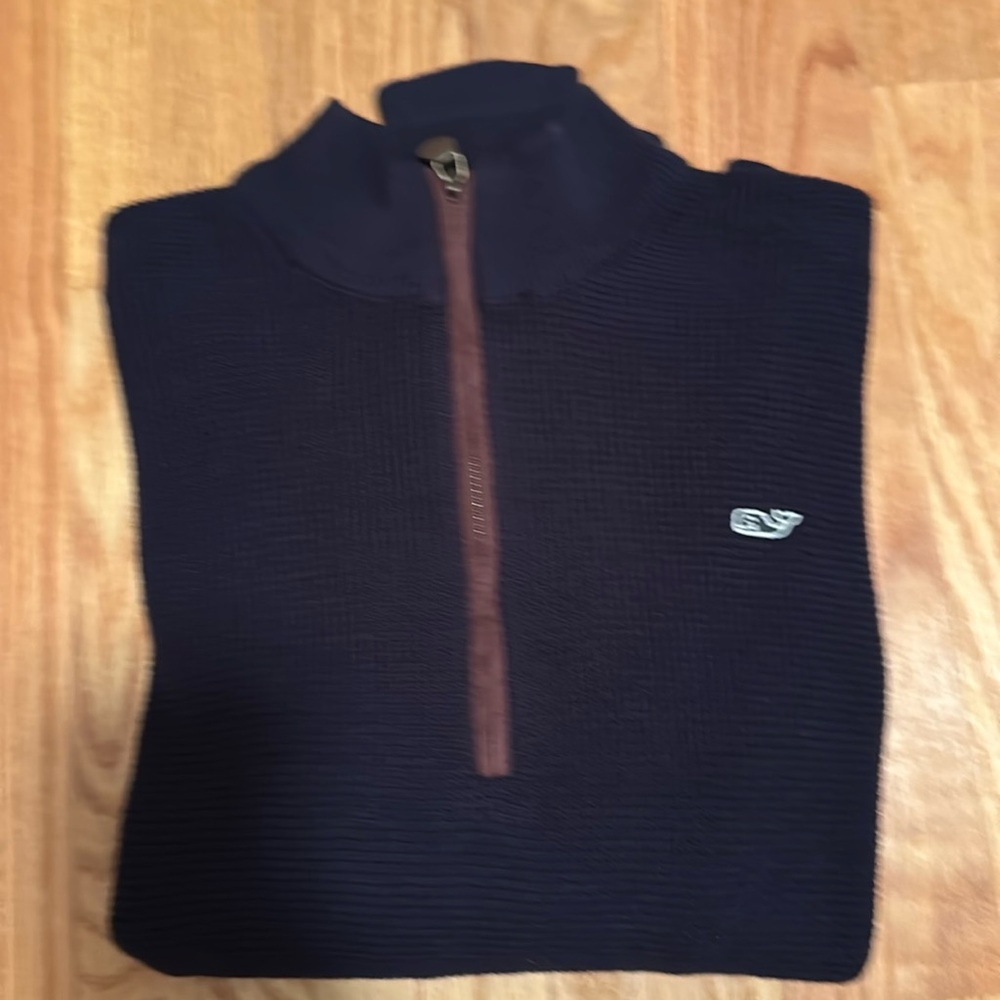 Vineyard Vines Navy Ribbed Half-Zip Sweater with Brown Zip Placket